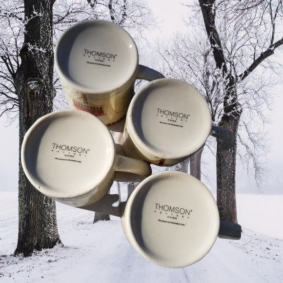 Thomson China Holiday Coffee Tea Mugs Set of 4 Snowman Birdhouse White Red - Picture 5 of 8